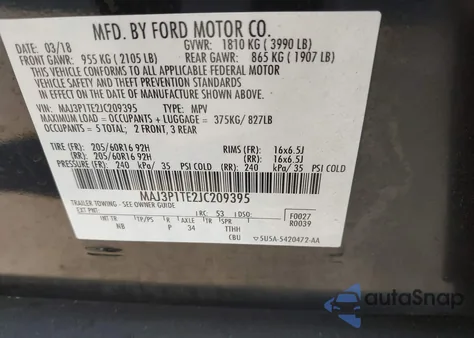 2018 Ford Ecosport Se z USA, uszkodzony, nr VIN MAJ3P1TE2JC209395